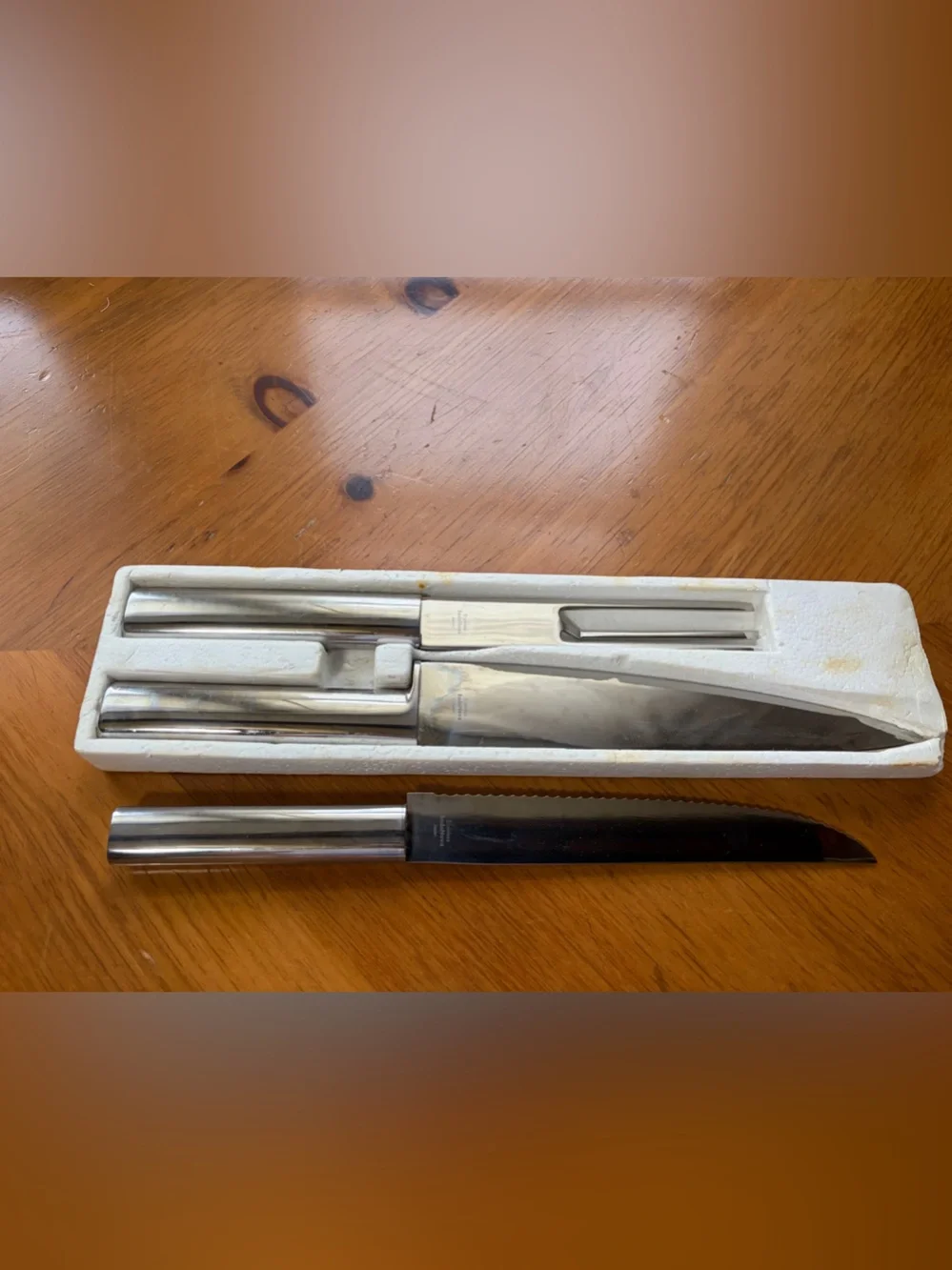 BodaNova 3-piece set: meat knife and fork, and a serrated utility knife.vintage